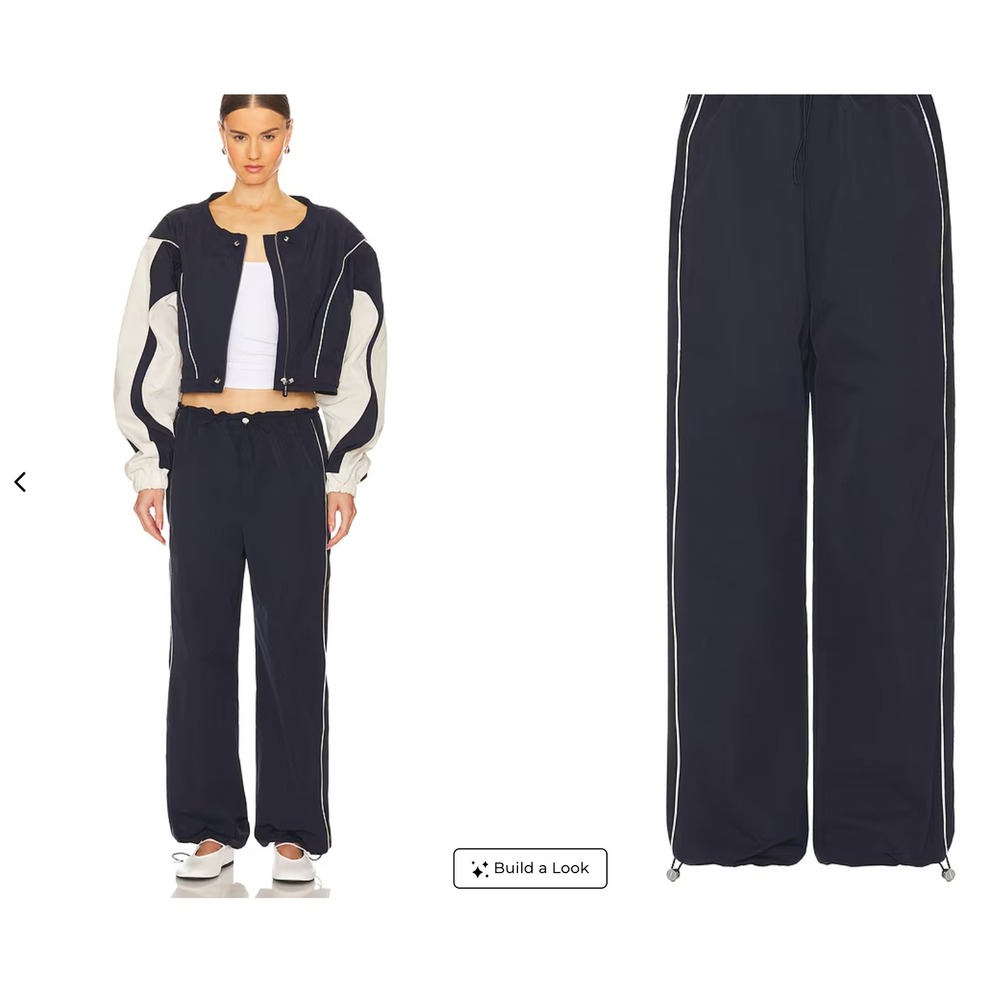 GRLFRND Navy Blue Wide Leg Track Pants White Side Stripe Bungee Hem XS Womens